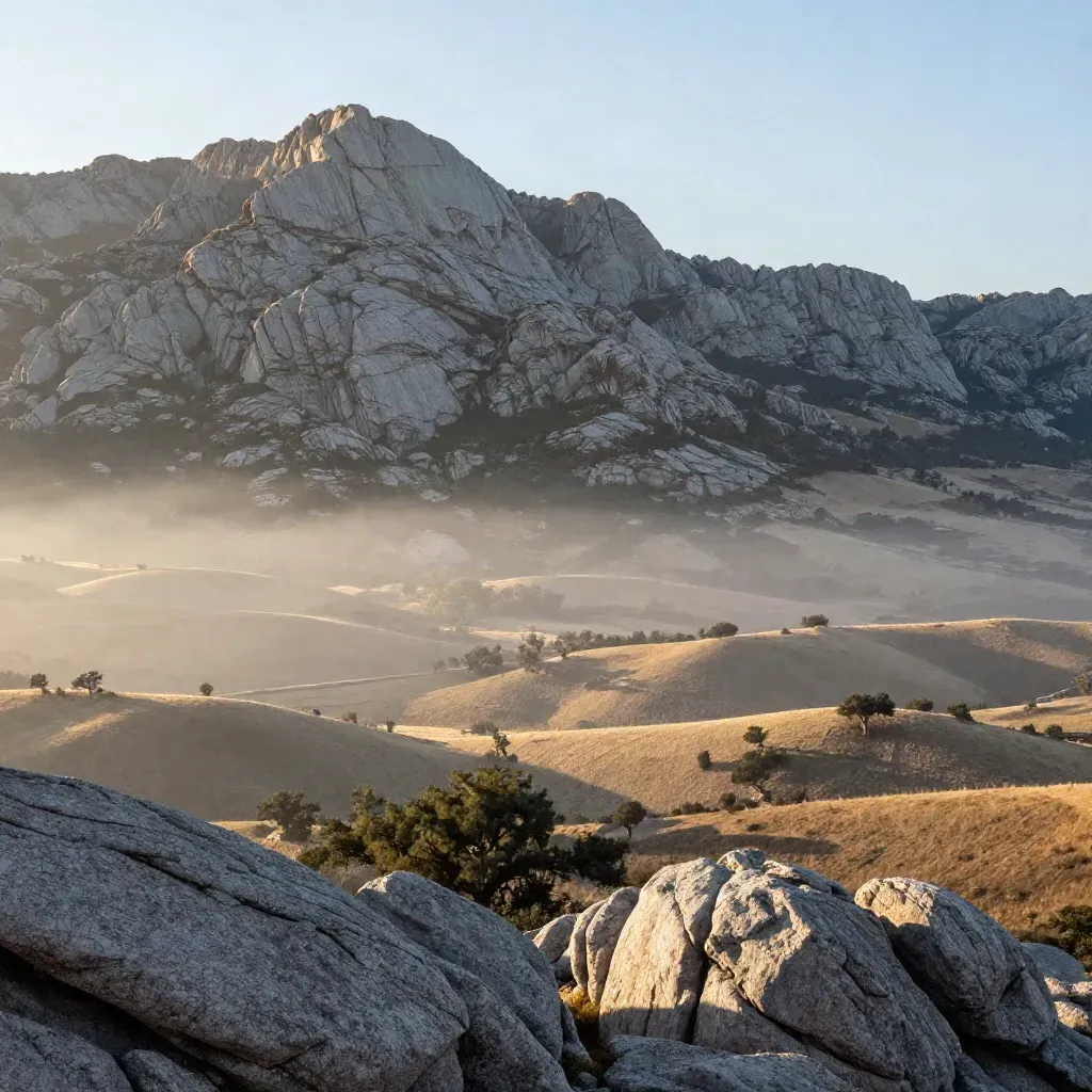 Sierra de Guadarrama al amanecer, niebla dorada sobre dehesa y granito, Madrid al fondo