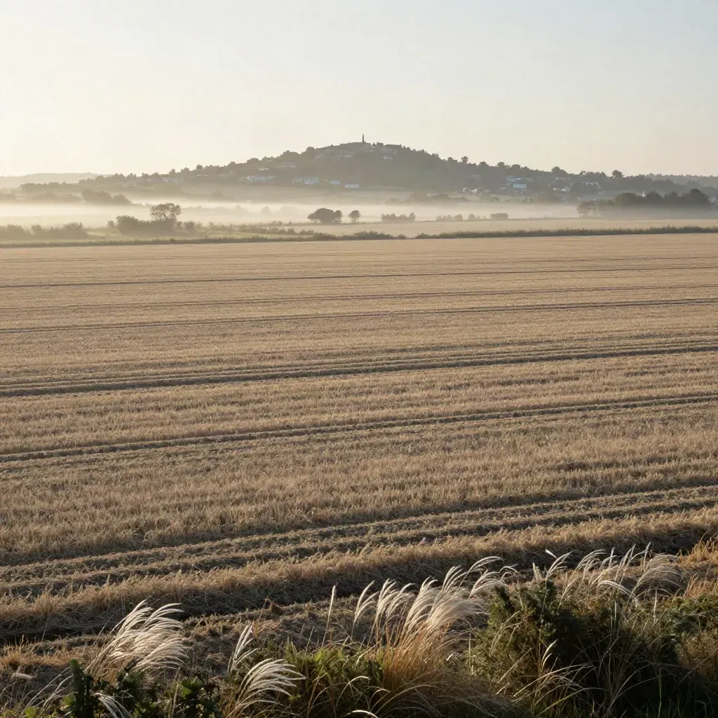 Llanura del Henares al amanecer con cereal, ribera y caserío lejano en bruma.